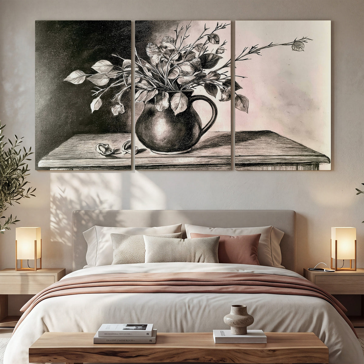 Leafy flowering branches in a rounded pitcher rendered in expressive charcoal-style strokes 3 piece canvas wall art displayed in a bedroom