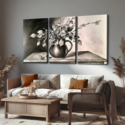 Leafy flowering branches in a rounded pitcher rendered in expressive charcoal-style strokes 3 piece canvas wall art displayed in a rustic living room