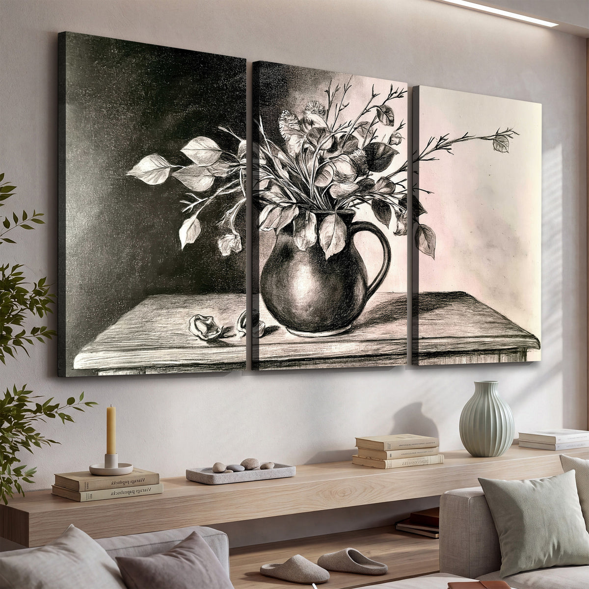 Leafy flowering branches in a rounded pitcher rendered in expressive charcoal-style strokes 3 piece canvas wall art displayed in a console