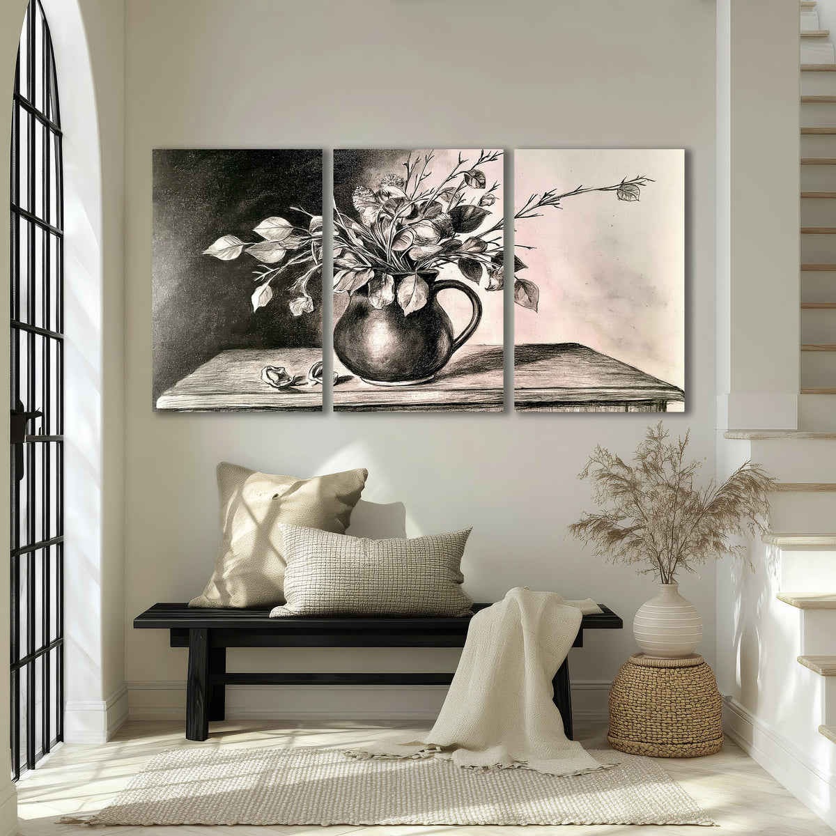 Leafy flowering branches in a rounded pitcher rendered in expressive charcoal-style strokes 3 piece canvas wall art displayed in a entryway