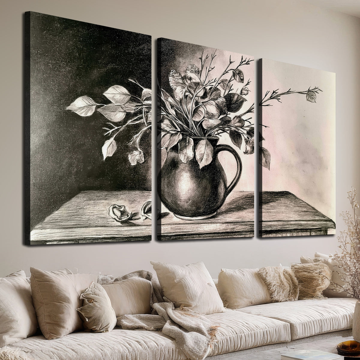 Leafy flowering branches in a rounded pitcher rendered in expressive charcoal-style strokes 3 piece canvas wall art room and product view