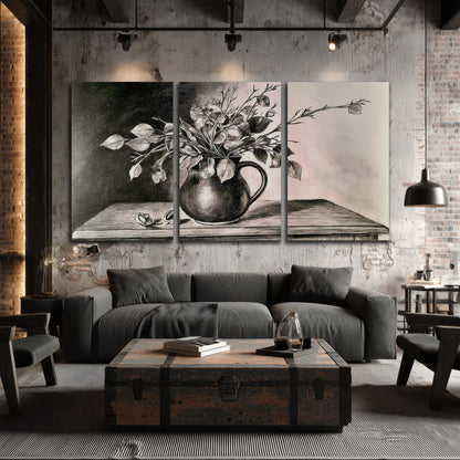Leafy flowering branches in a rounded pitcher rendered in expressive charcoal-style strokes 3 piece canvas wall art displayed in a industrial room