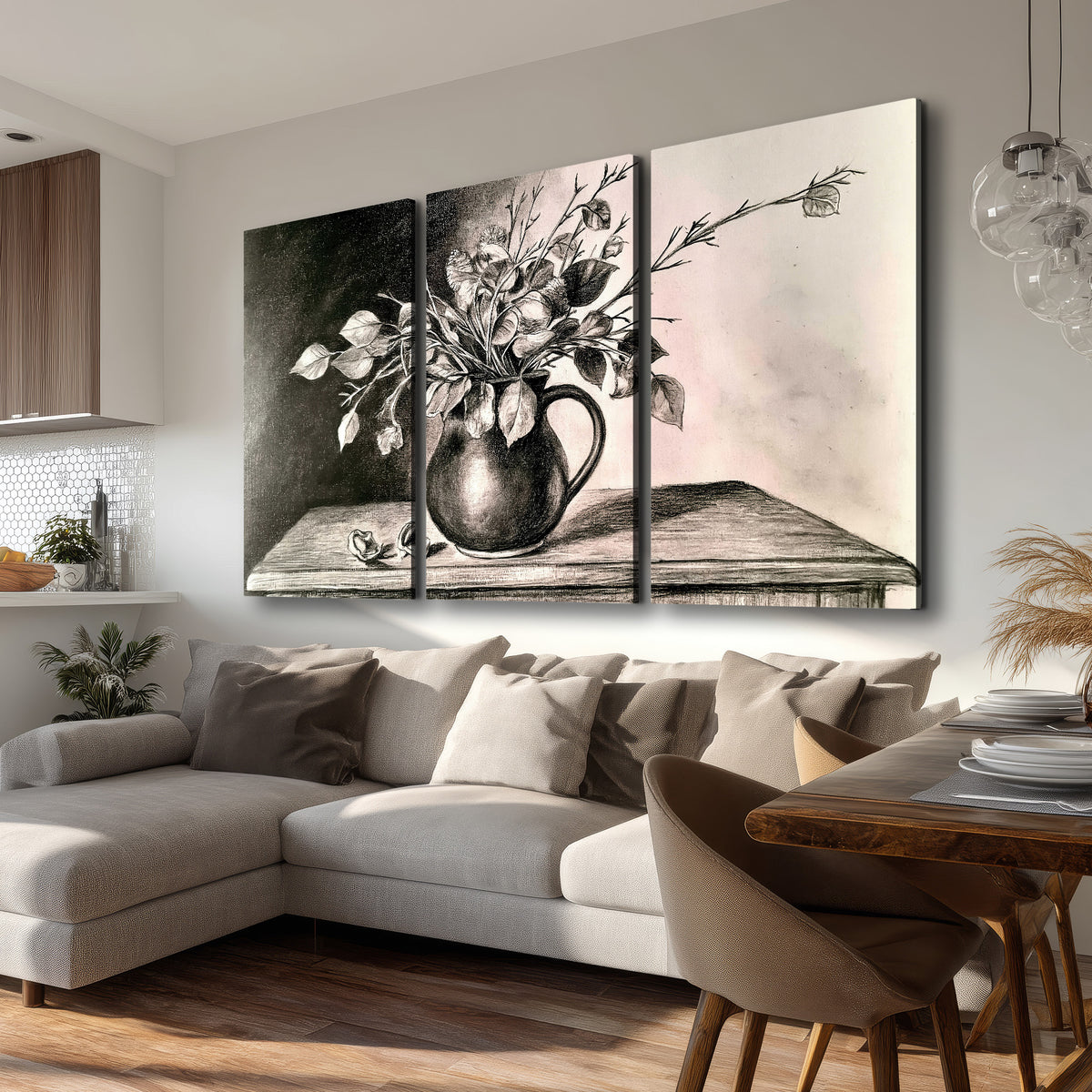 Leafy flowering branches in a rounded pitcher rendered in expressive charcoal-style strokes 3 piece canvas wall art room and product view