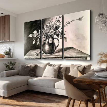 Leafy flowering branches in a rounded pitcher rendered in expressive charcoal-style strokes 3 piece canvas wall art room and product view