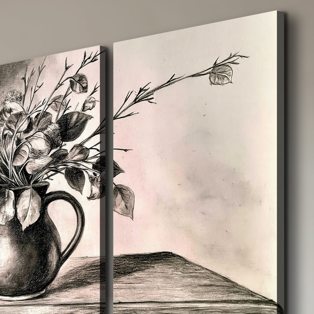 Leafy flowering branches in a rounded pitcher rendered in expressive charcoal-style strokes 3 piece canvas wall art room and product view