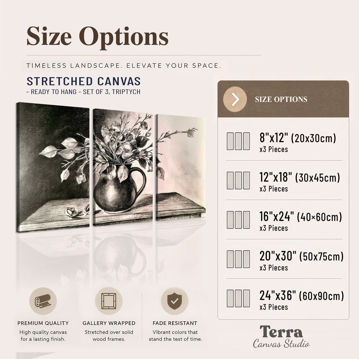 Leafy flowering branches in a rounded pitcher rendered in expressive charcoal-style strokes 3 piece canvas wall art available dimensions; triptych dimensions are per panel