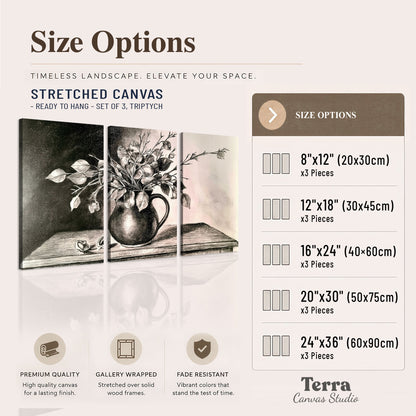 Leafy flowering branches in a rounded pitcher rendered in expressive charcoal-style strokes 3 piece canvas wall art available dimensions; triptych dimensions are per panel