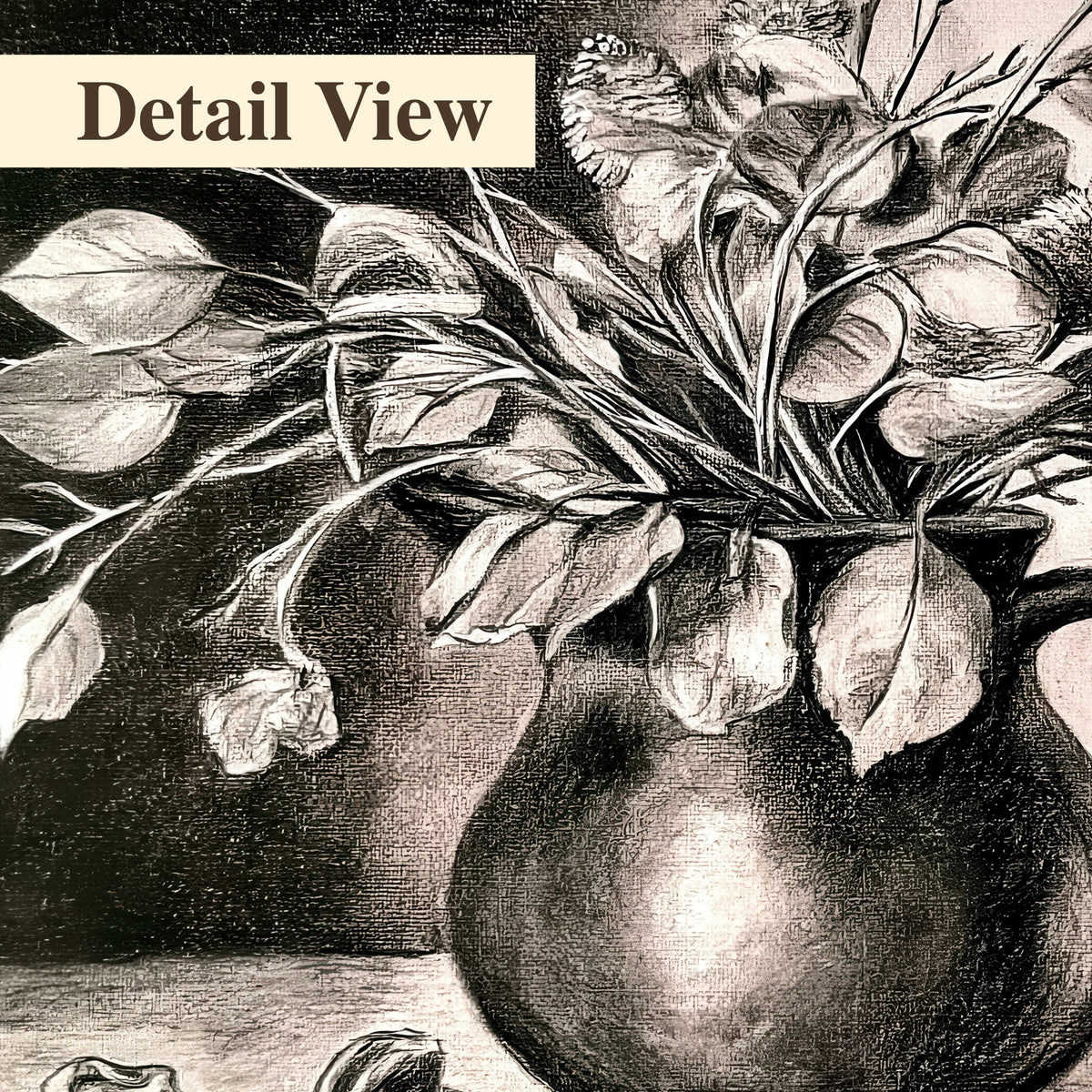 Leafy flowering branches in a rounded pitcher rendered in expressive charcoal-style strokes 3 piece canvas wall art artwork detail close up