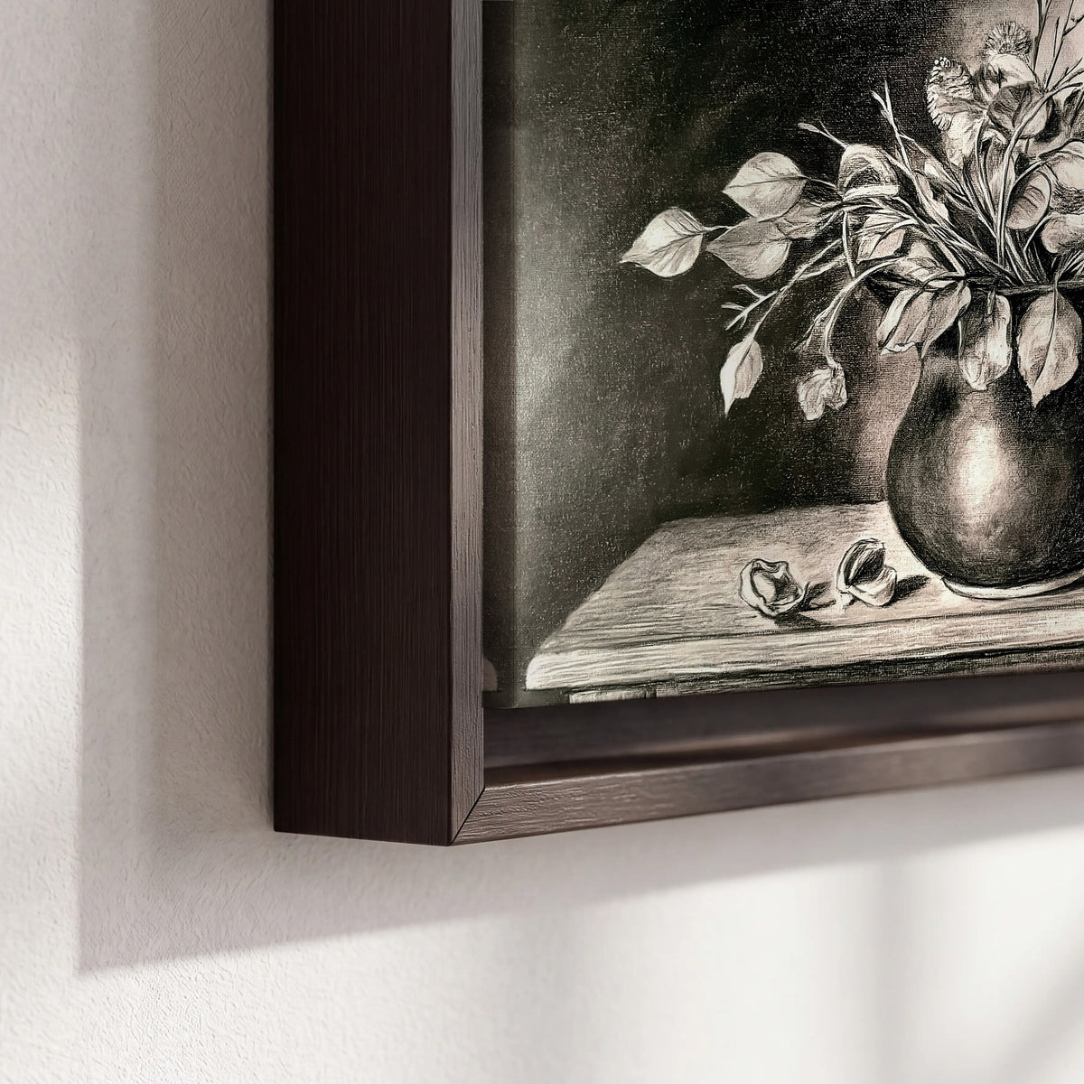 Leafy flowering branches in a rounded pitcher rendered in expressive charcoal-style strokes 3 piece framed canvas wall art material and edge close up