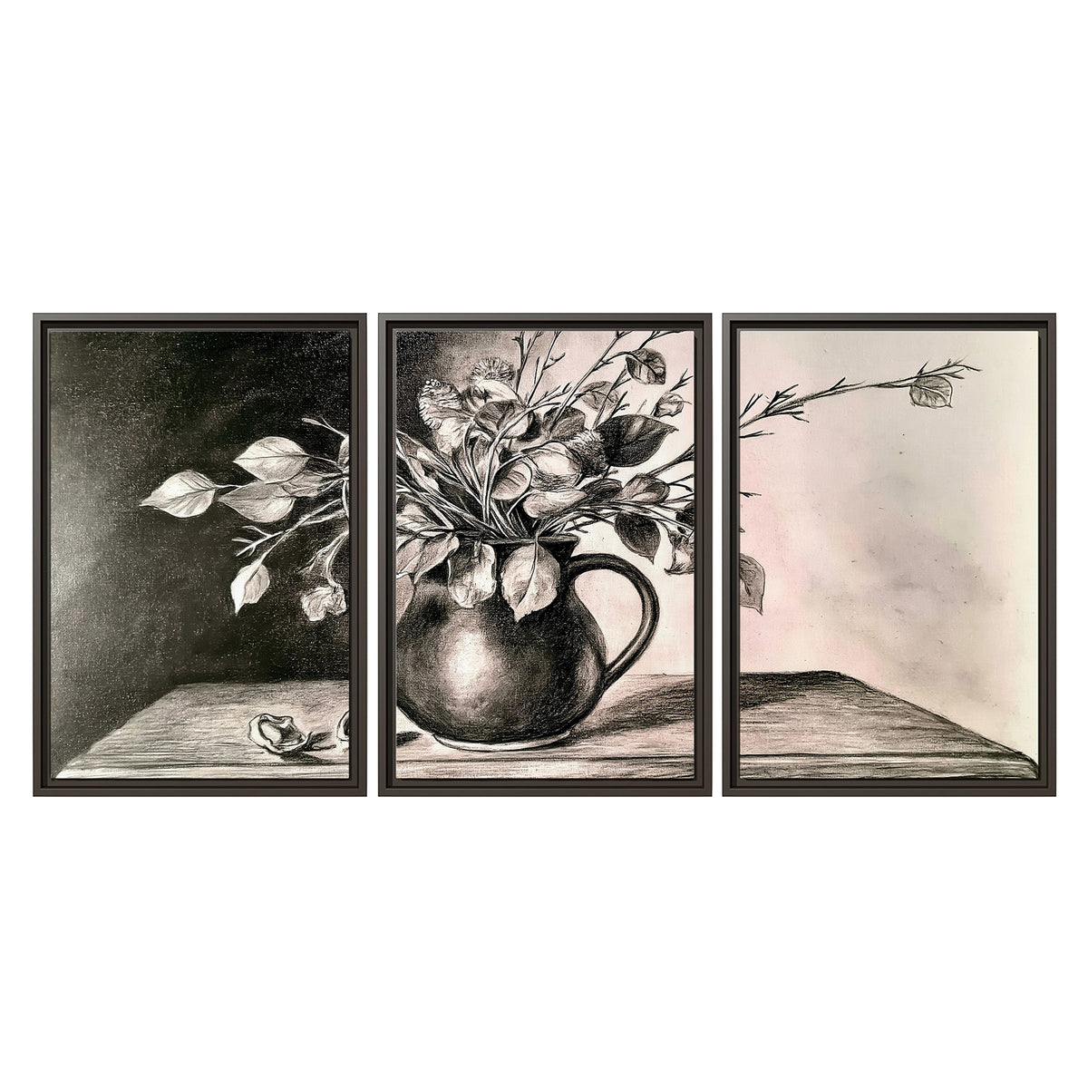 Leafy flowering branches in a rounded pitcher rendered in expressive charcoal-style strokes 3 piece framed canvas wall art viewed straight on