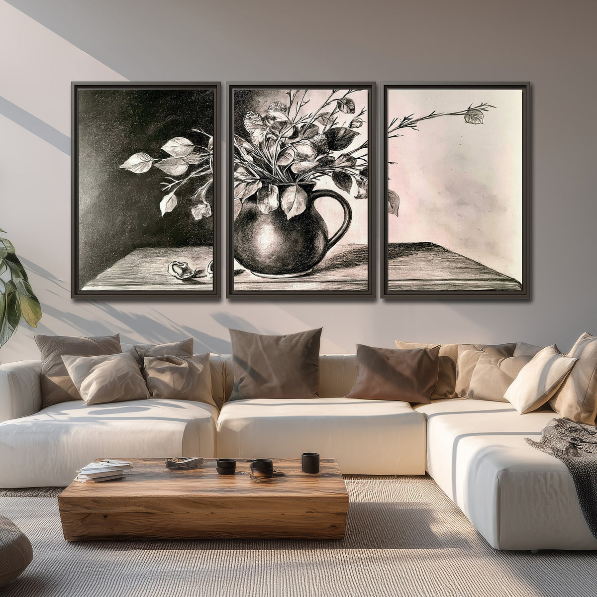 Leafy flowering branches in a rounded pitcher rendered in expressive charcoal-style strokes 3 piece framed canvas wall art displayed in a living room