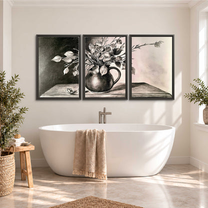 Leafy flowering branches in a rounded pitcher rendered in expressive charcoal-style strokes 3 piece framed canvas wall art styled in an interior