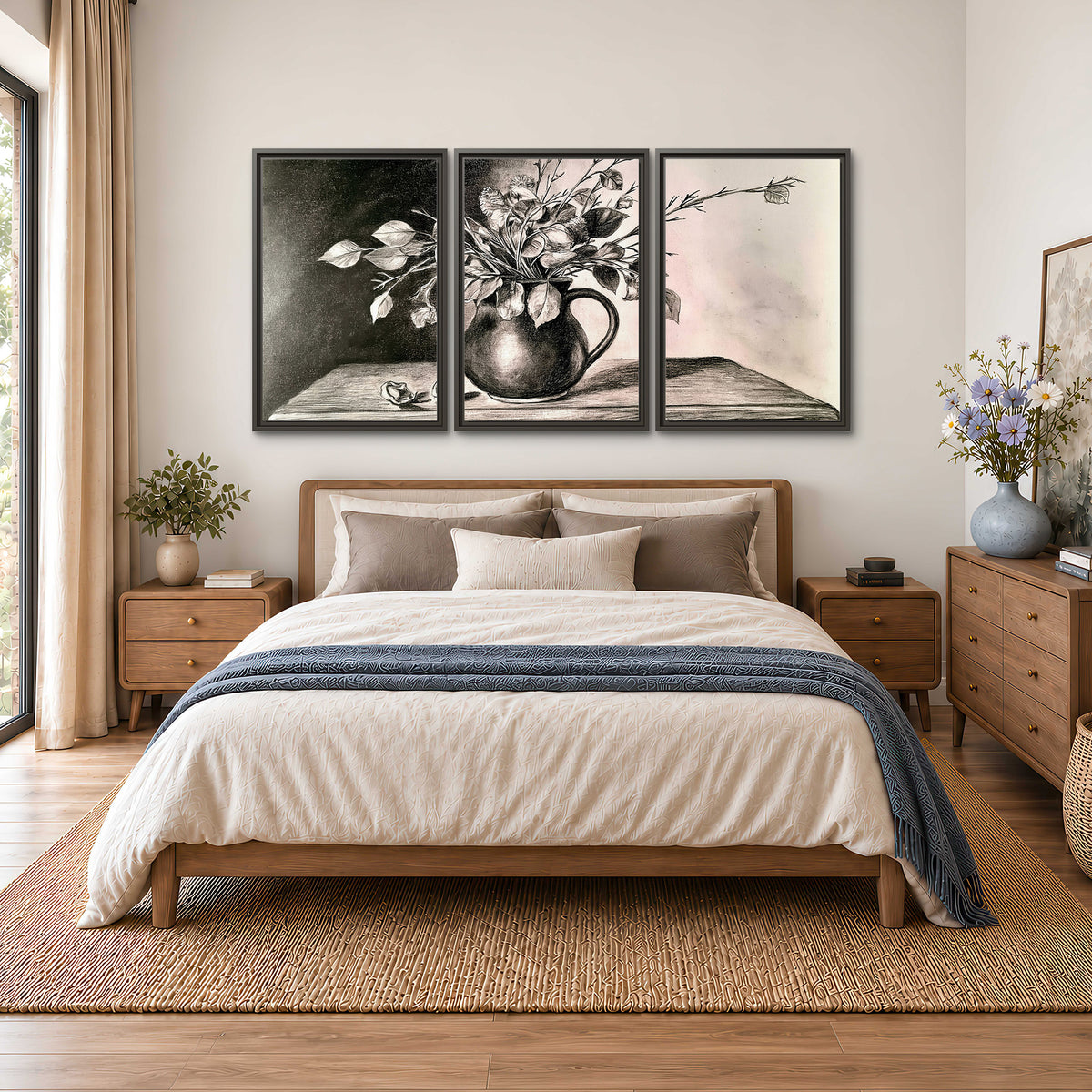Leafy flowering branches in a rounded pitcher rendered in expressive charcoal-style strokes 3 piece framed canvas wall art styled in an interior