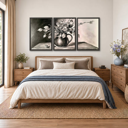 Leafy flowering branches in a rounded pitcher rendered in expressive charcoal-style strokes 3 piece framed canvas wall art styled in an interior