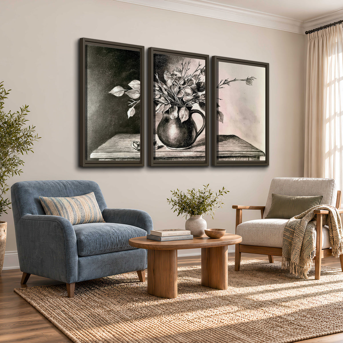 Leafy flowering branches in a rounded pitcher rendered in expressive charcoal-style strokes 3 piece framed canvas wall art styled in an interior