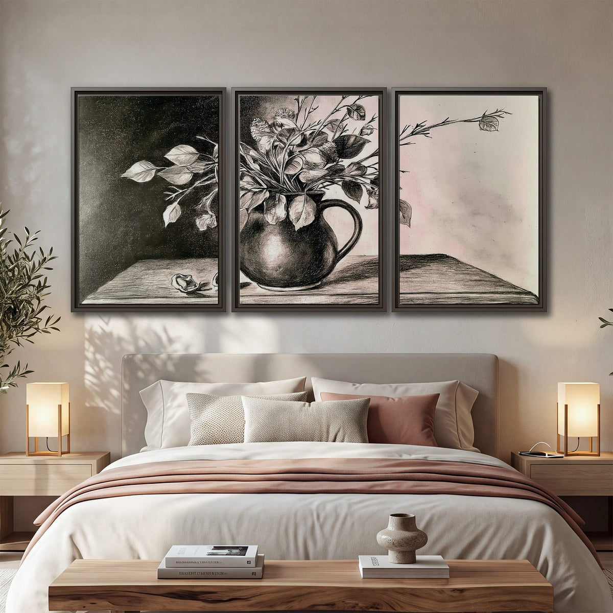 Leafy flowering branches in a rounded pitcher rendered in expressive charcoal-style strokes 3 piece framed canvas wall art displayed in a bedroom