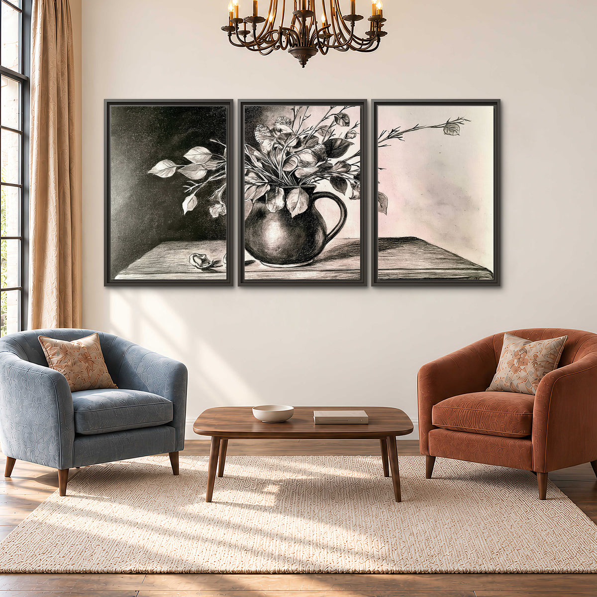 Leafy flowering branches in a rounded pitcher rendered in expressive charcoal-style strokes 3 piece framed canvas wall art styled in an interior