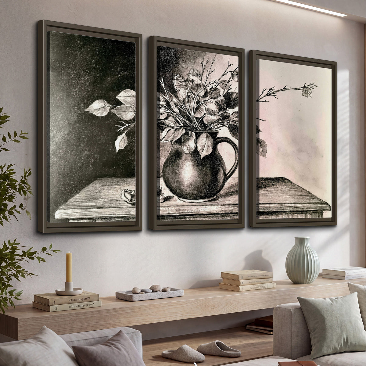 Leafy flowering branches in a rounded pitcher rendered in expressive charcoal-style strokes 3 piece framed canvas wall art displayed in a console