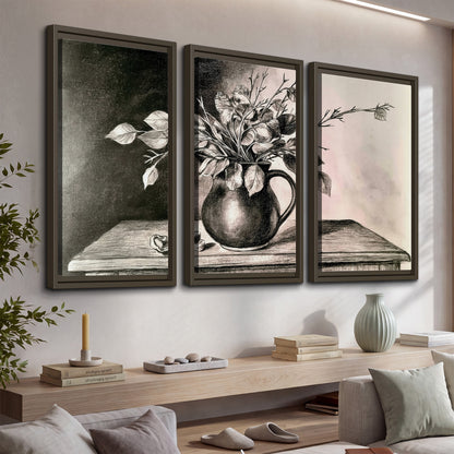 Leafy flowering branches in a rounded pitcher rendered in expressive charcoal-style strokes 3 piece framed canvas wall art displayed in a console