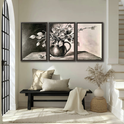 Leafy flowering branches in a rounded pitcher rendered in expressive charcoal-style strokes 3 piece framed canvas wall art displayed in a entryway