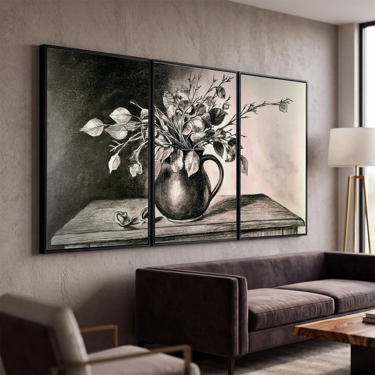 Leafy flowering branches in a rounded pitcher rendered in expressive charcoal-style strokes 3 piece framed canvas wall art displayed in a modern living room