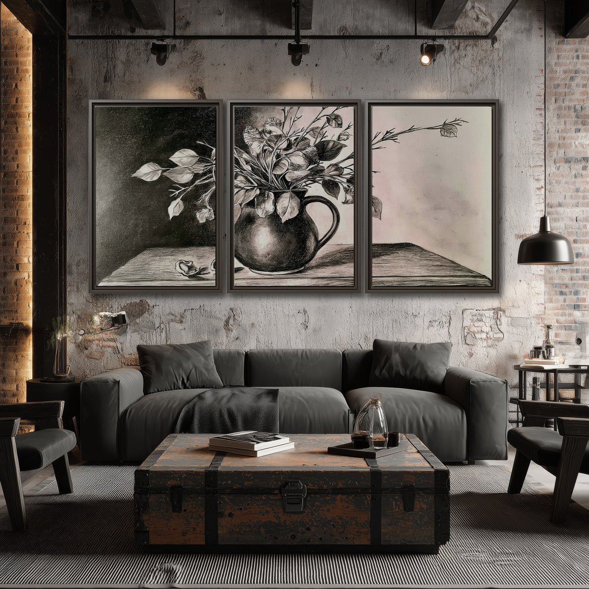 Leafy flowering branches in a rounded pitcher rendered in expressive charcoal-style strokes 3 piece framed canvas wall art displayed in a industrial room