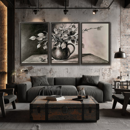 Leafy flowering branches in a rounded pitcher rendered in expressive charcoal-style strokes 3 piece framed canvas wall art displayed in a industrial room