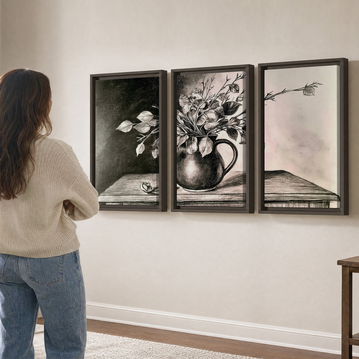 Leafy flowering branches in a rounded pitcher rendered in expressive charcoal-style strokes 3 piece framed canvas wall art three panel arrangement on a wall