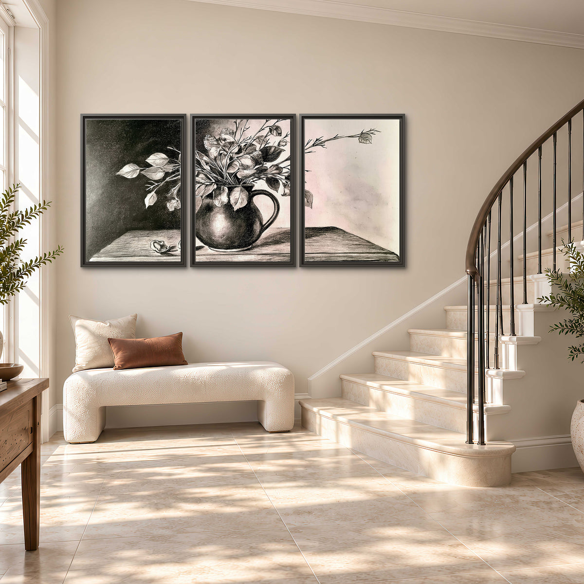 Leafy flowering branches in a rounded pitcher rendered in expressive charcoal-style strokes 3 piece framed canvas wall art styled in an interior