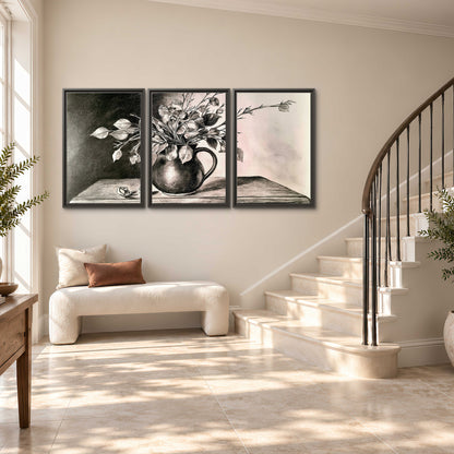 Leafy flowering branches in a rounded pitcher rendered in expressive charcoal-style strokes 3 piece framed canvas wall art styled in an interior