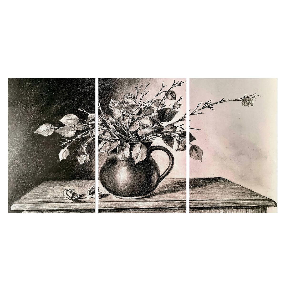 Leafy flowering branches in a rounded pitcher rendered in expressive charcoal-style strokes set of 3 poster prints viewed straight on