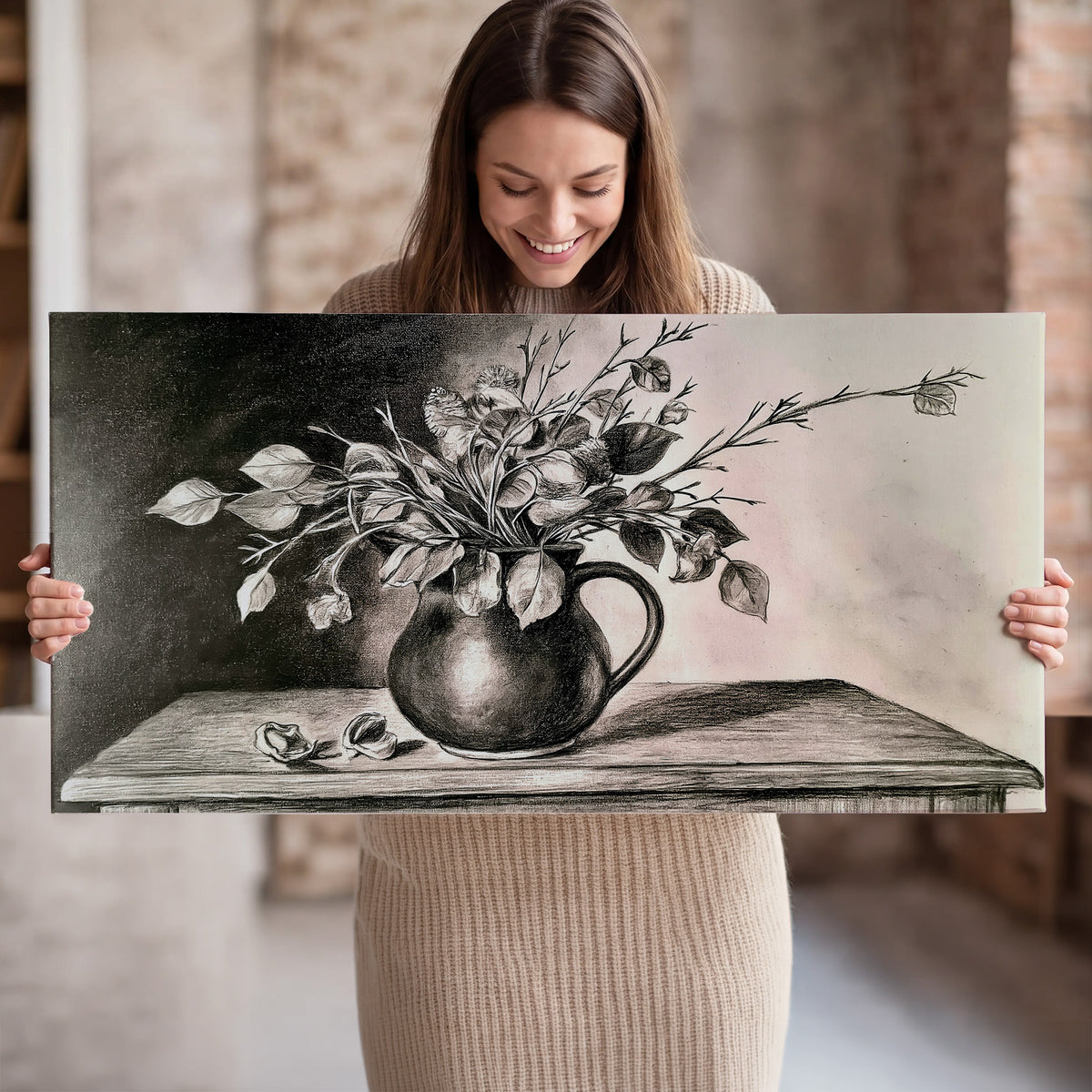 Leafy flowering branches in a rounded pitcher rendered in expressive charcoal-style strokes single canvas wall art held in hands