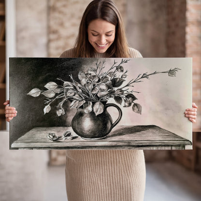 Leafy flowering branches in a rounded pitcher rendered in expressive charcoal-style strokes single canvas wall art held in hands