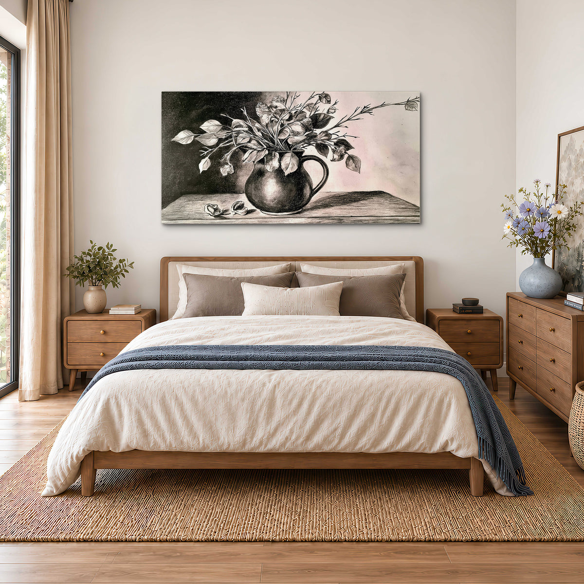 Leafy flowering branches in a rounded pitcher rendered in expressive charcoal-style strokes single canvas wall art styled in an interior