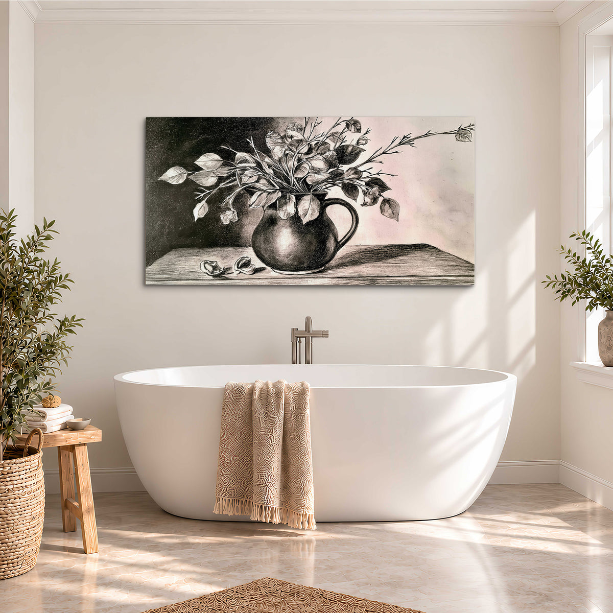 Leafy flowering branches in a rounded pitcher rendered in expressive charcoal-style strokes single canvas wall art styled in an interior