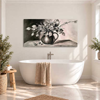 Leafy flowering branches in a rounded pitcher rendered in expressive charcoal-style strokes single canvas wall art styled in an interior