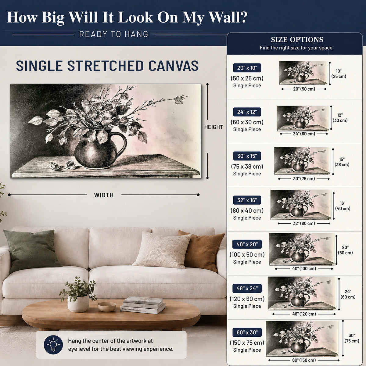 Leafy flowering branches in a rounded pitcher rendered in expressive charcoal-style strokes single canvas wall art size guide above a sofa; room view is illustrative