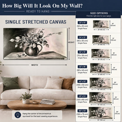 Leafy flowering branches in a rounded pitcher rendered in expressive charcoal-style strokes single canvas wall art size guide above a sofa; room view is illustrative