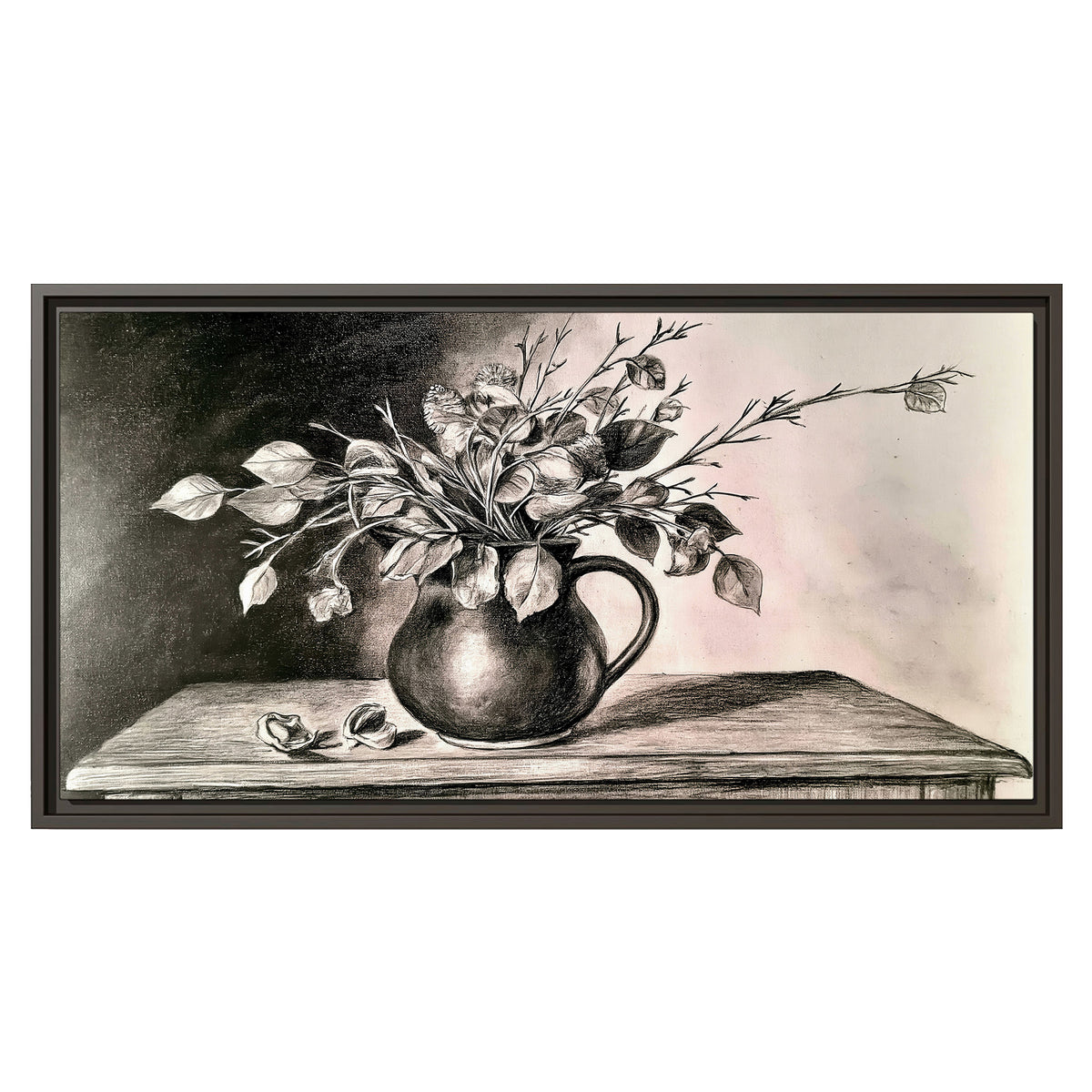 Leafy flowering branches in a rounded pitcher rendered in expressive charcoal-style strokes single framed canvas wall art viewed straight on