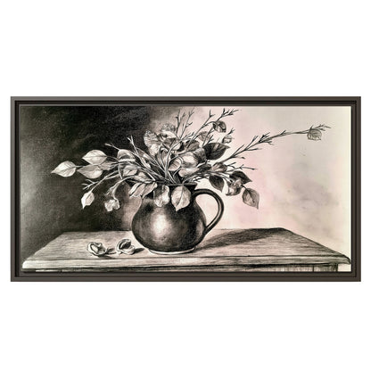 Leafy flowering branches in a rounded pitcher rendered in expressive charcoal-style strokes single framed canvas wall art viewed straight on