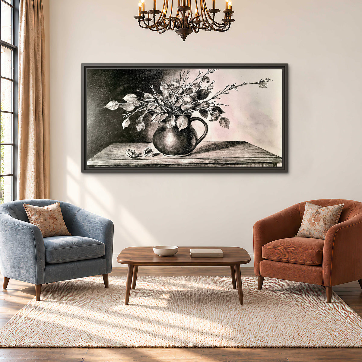 Leafy flowering branches in a rounded pitcher rendered in expressive charcoal-style strokes single framed canvas wall art styled in an interior