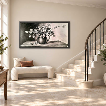 Leafy flowering branches in a rounded pitcher rendered in expressive charcoal-style strokes single framed canvas wall art styled in an interior