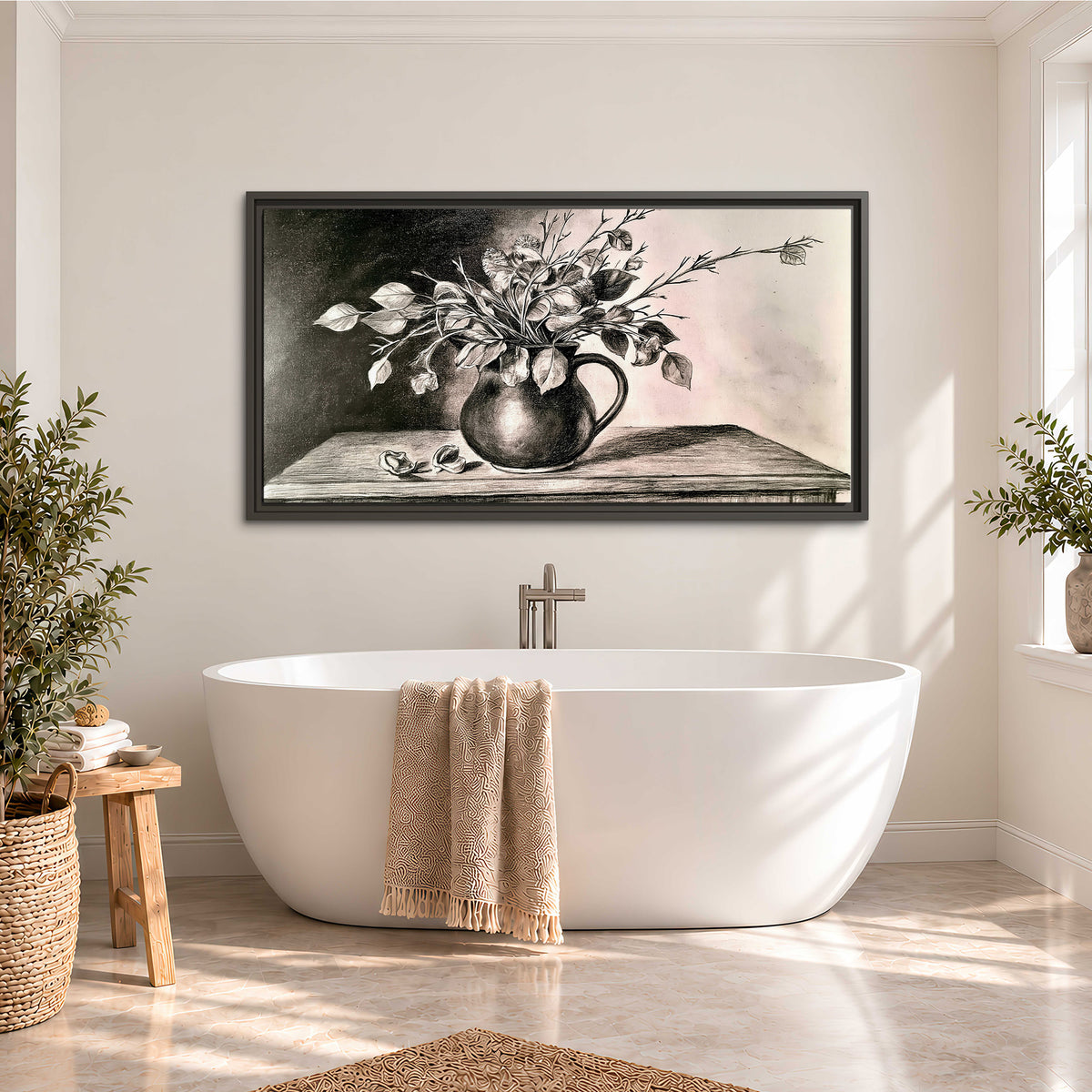 Leafy flowering branches in a rounded pitcher rendered in expressive charcoal-style strokes single framed canvas wall art styled in an interior