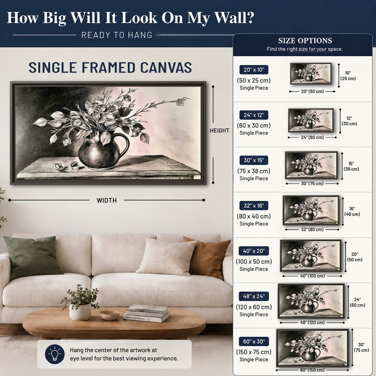 Leafy flowering branches in a rounded pitcher rendered in expressive charcoal-style strokes single framed canvas wall art size guide above a sofa; room view is illustrative