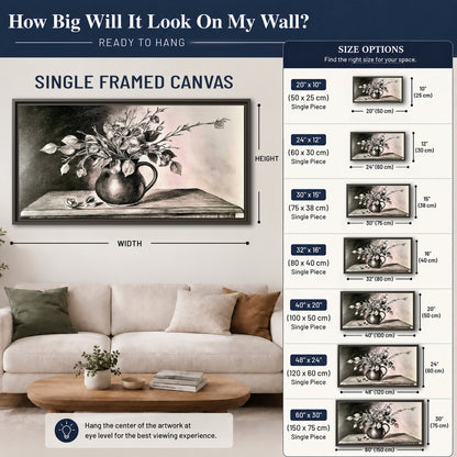Leafy flowering branches in a rounded pitcher rendered in expressive charcoal-style strokes single framed canvas wall art size guide above a sofa; room view is illustrative