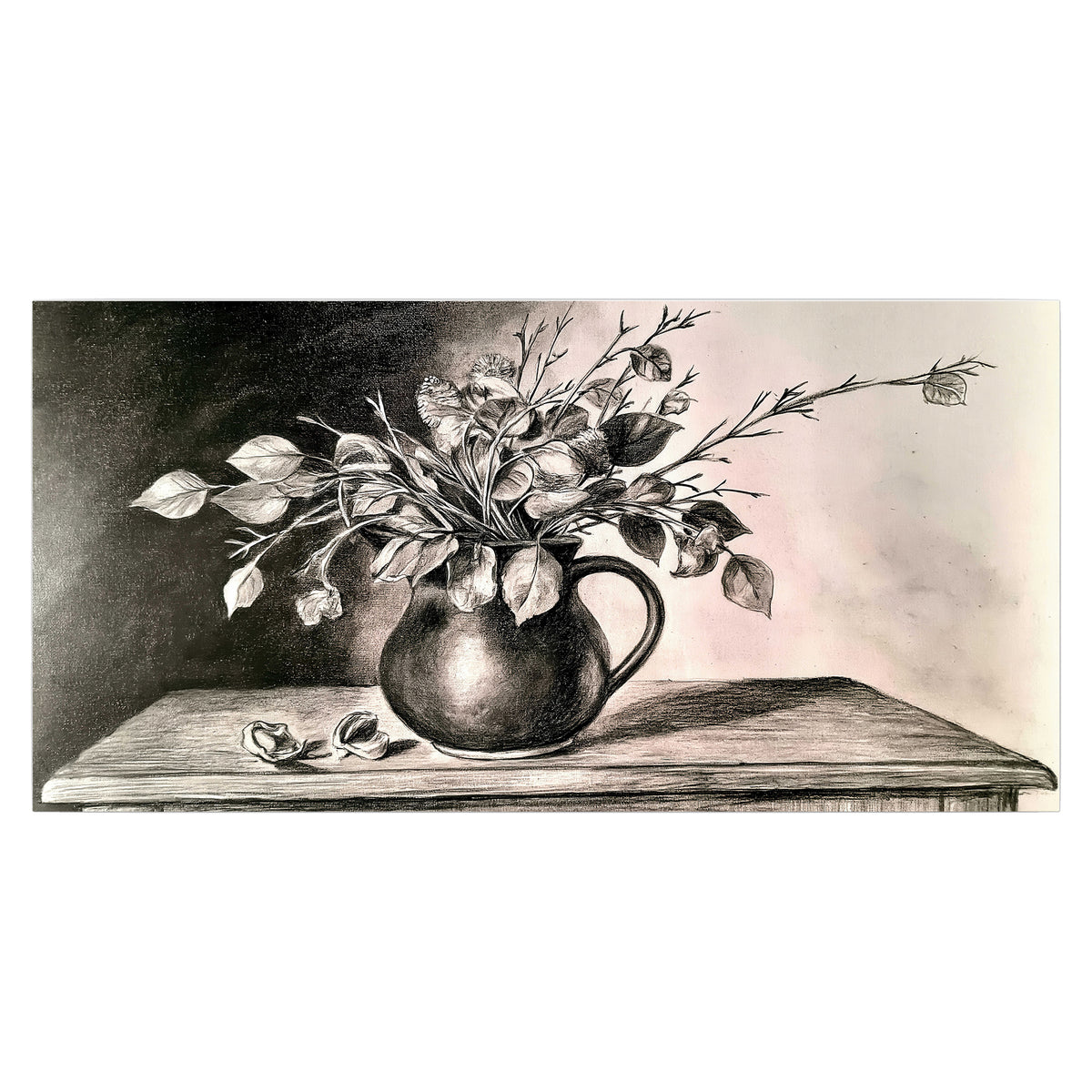 Leafy flowering branches in a rounded pitcher rendered in expressive charcoal-style strokes single poster print viewed straight on