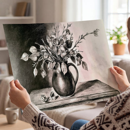 Leafy flowering branches in a rounded pitcher rendered in expressive charcoal-style strokes single poster print held in hands