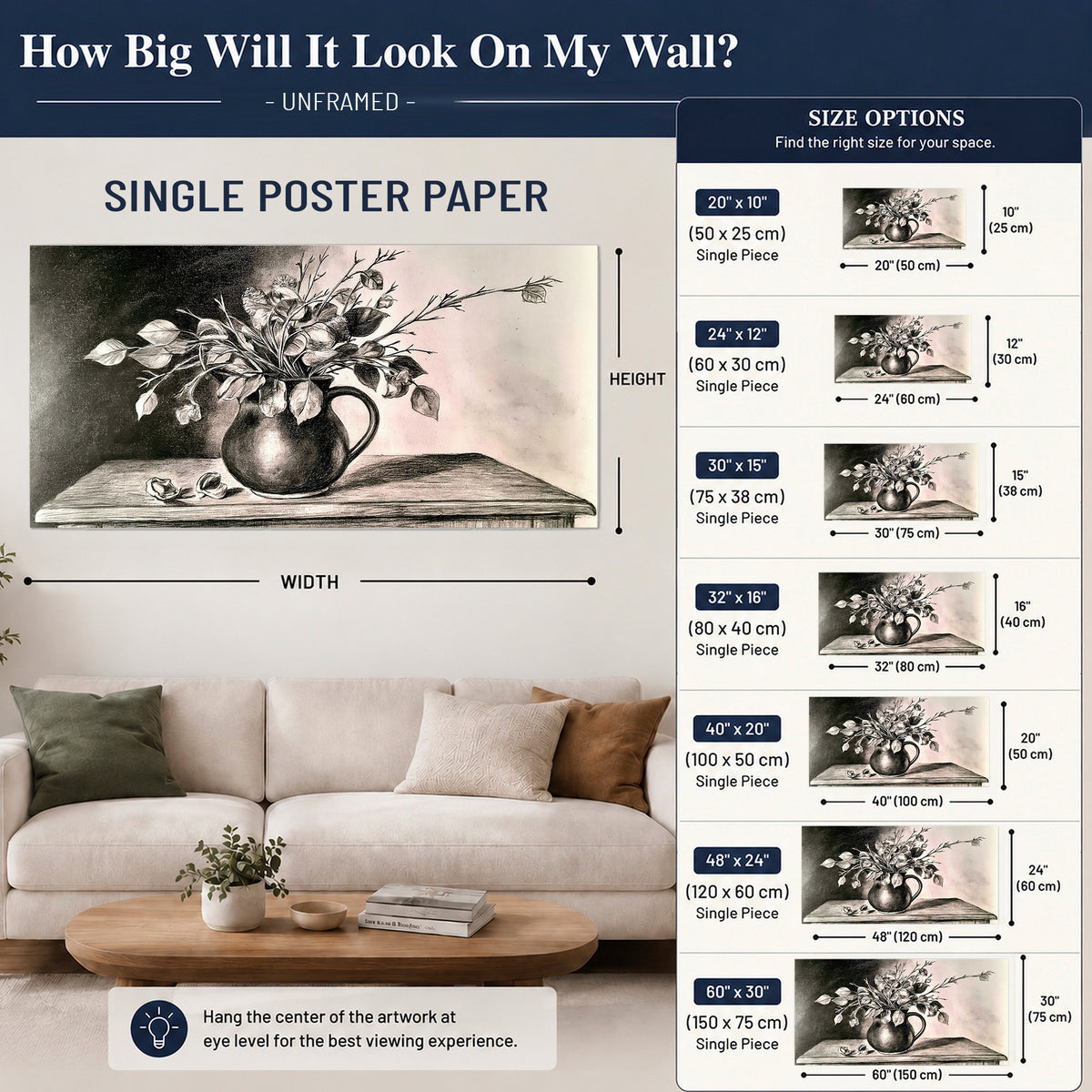 Leafy flowering branches in a rounded pitcher rendered in expressive charcoal-style strokes single poster print size guide above a sofa; room view is illustrative