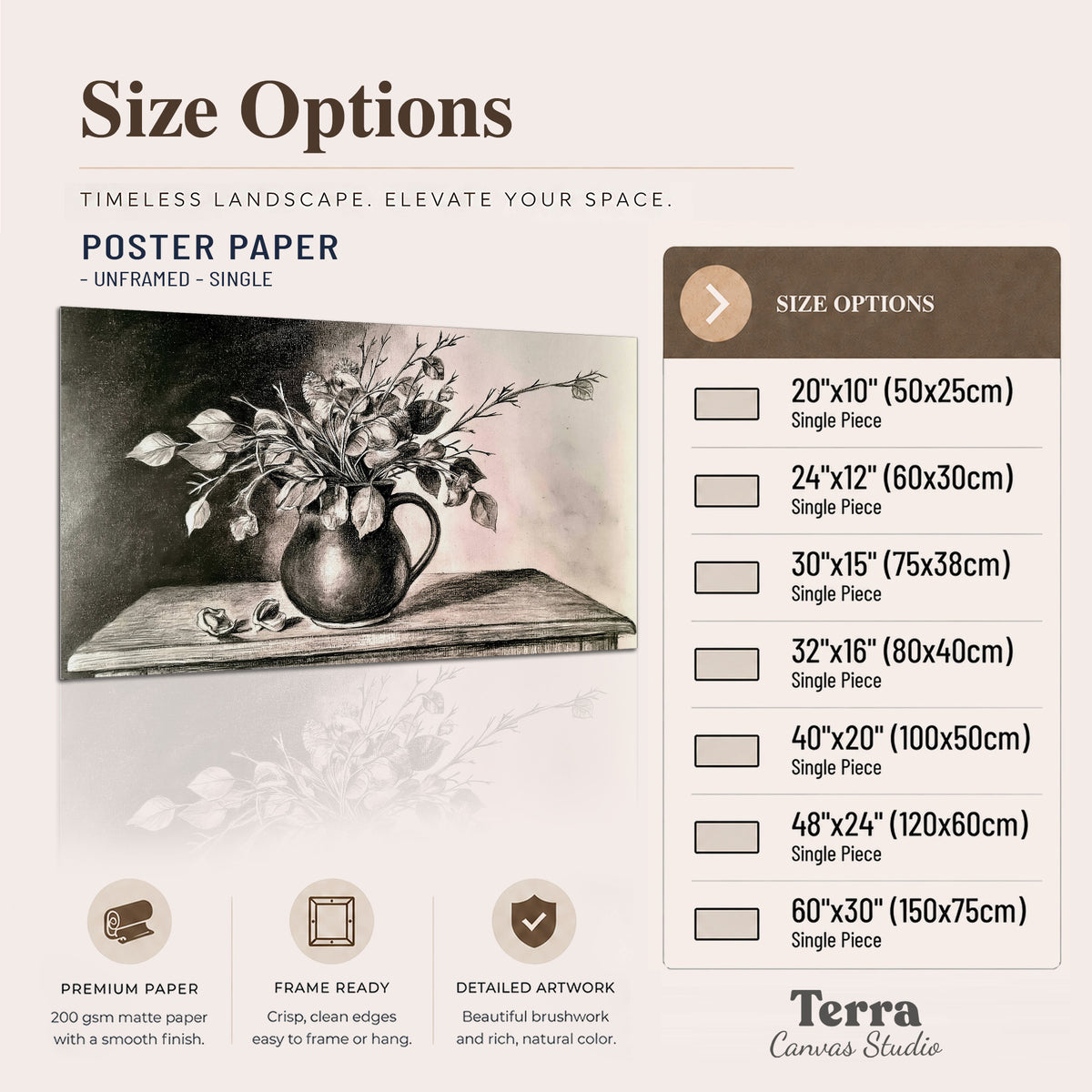 Leafy flowering branches in a rounded pitcher rendered in expressive charcoal-style strokes single poster print available dimensions
