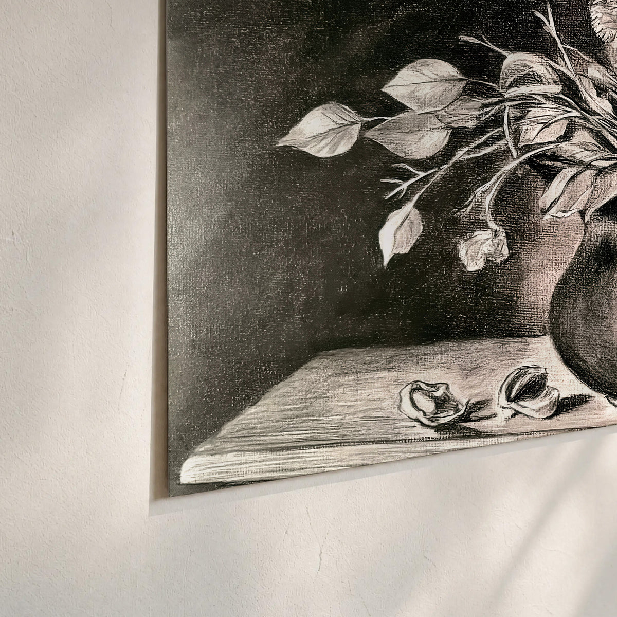 Leafy flowering branches in a rounded pitcher rendered in expressive charcoal-style strokes set of 3 poster prints material and edge close up